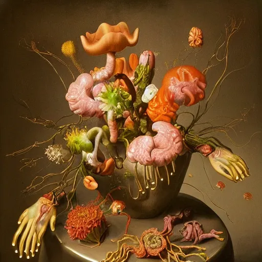 Image similar to disgusting disturbing dutch golden age bizarre mutant flower floral still life with many human toes very detailed fungus disturbing tendrils bizarre slimy forms sprouting up everywhere by rachel ruysch black background chiaroscuro dramatic lighting perfect composition high definition 8 k 1 0 8 0 p