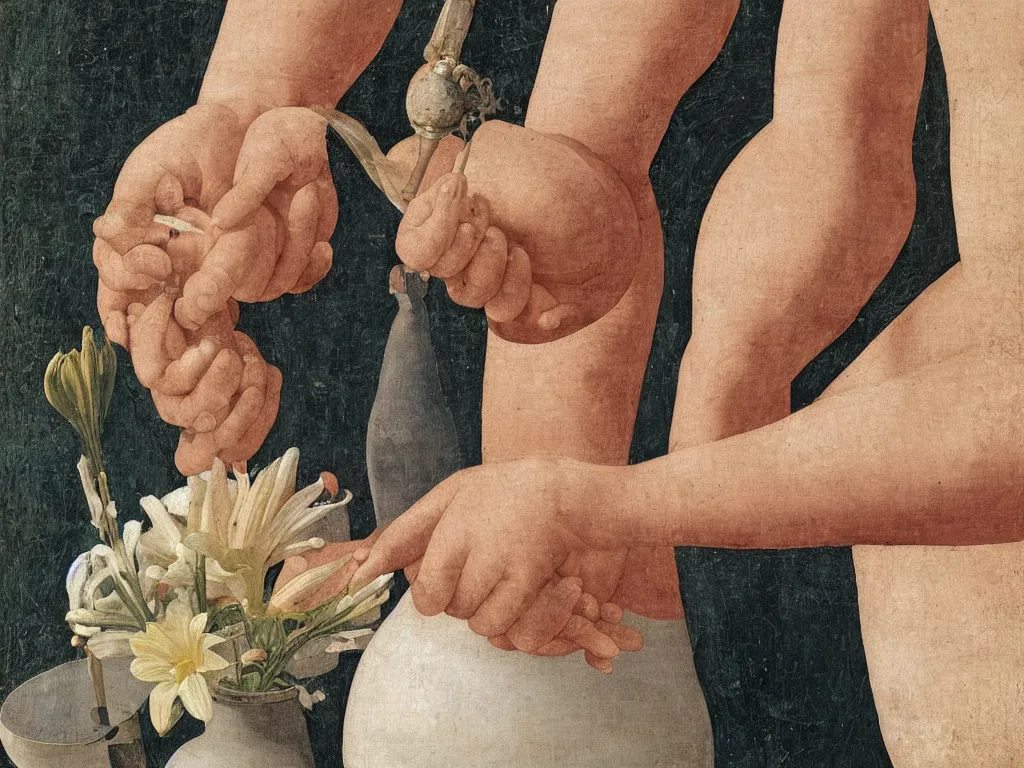 Prompt: Close up hands holding a white water jug, nipple, dress, lily flower, conch shell, moth. Painting by Piero della Francesca, Morandi, Zurbaran