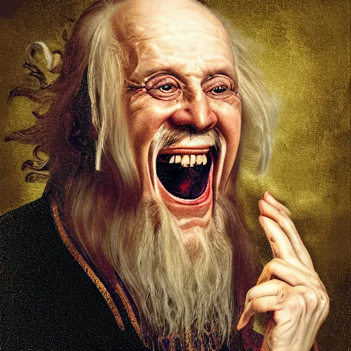 Prompt: baroque portrait of a old fantasy priest, unwashed, laughing, glowing eyes, crazed