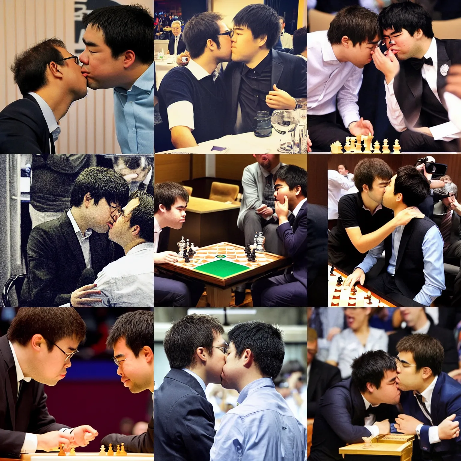Prompt: “Magnus carlsen kissing hikaru nakamura. They are furiously making out”