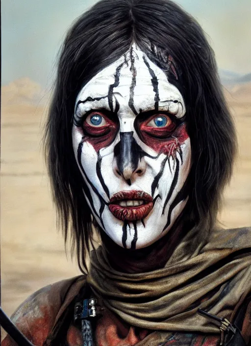 Prompt: portrait of shelley duvall as an evil threatening warlord character with facepaint in mad max 2 : the road warrior, film still, detailed realism face in painting, detailed beautiful portrait, oil painting masterpiece, 8 k resolution, smooth, sharp focus, trending on artstation, by rembrandt