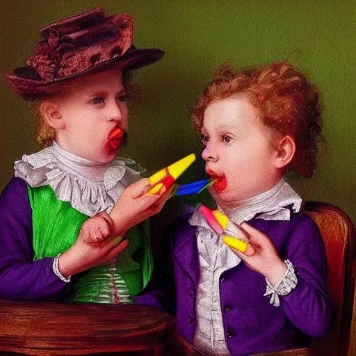 Image similar to “ inbred children devouring photorealistic crayola crayons, wearing victorian regalia, unnatural movement, simple, renaissance, hyperrealism, 8 k, 3 d, hyperrealism, masterpiece ”