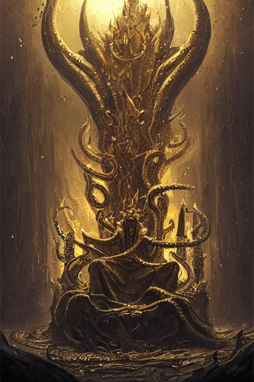 Image similar to lovecraftian gilded king on a throne in the underworld, underworld, hell, monster, devil, demon, digital art, in the style of greg rutkowski, trending on artstation