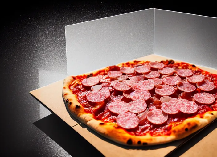 Image similar to clear highly detailed photorealistic food photograph of a big ice cube inside the cube a pizza with salami and pepperoni, the cube refracts the sunlight, volumetric