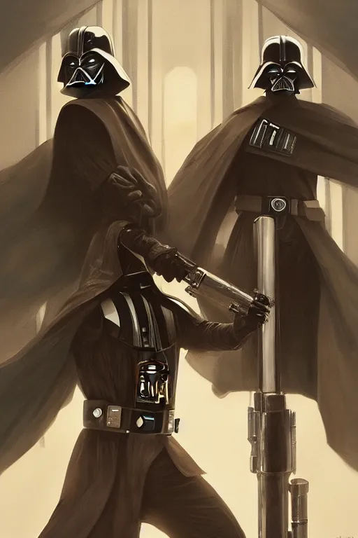 Prompt: Darth Vader dual-wielding lightsabers, highly detailed, digital painting, Trending on artstation , HD quality, by artgerm and greg rutkowski and alphonse mucha, dramatic light, octane