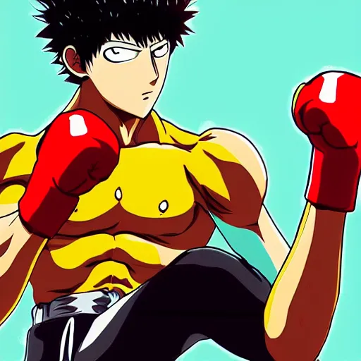saitama from one punch man boxing at the gym, anime