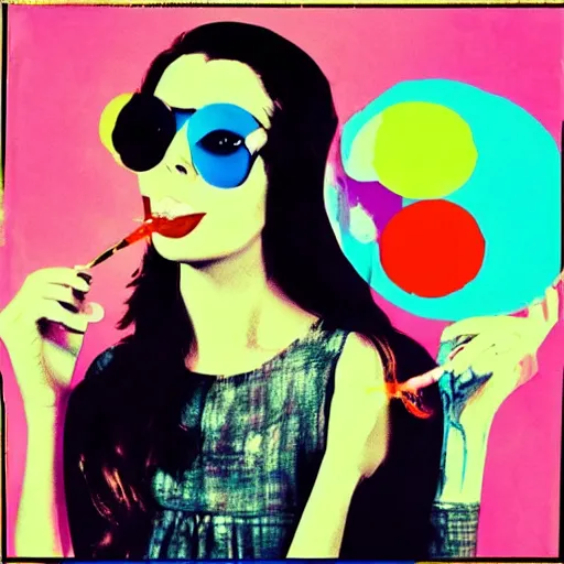 Prompt: “Lilly Collins blowing bubbles artistic Andy Warhol style portrait”