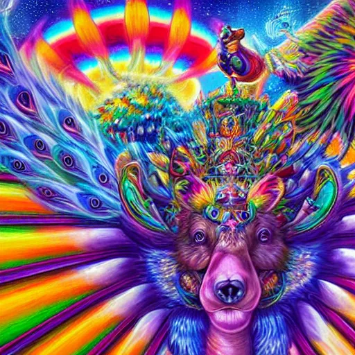 Prompt: bear riding on a giant peacock through the realms of dmt mario cart race track, painted by lisa frank, alex grey and tim hildebrandt, hyper realism, highly detailed, lsd, psilocybin, sharp focus, sharp contrast, 8 k