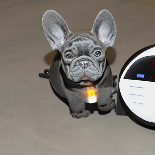 Prompt: a robotic French bulldog recharging beside a wall 120VAC outlet