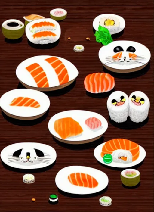 Image similar to clear photorealistic picture of adorable cats made out of sushi, sitting on sushi plates, additional sushi