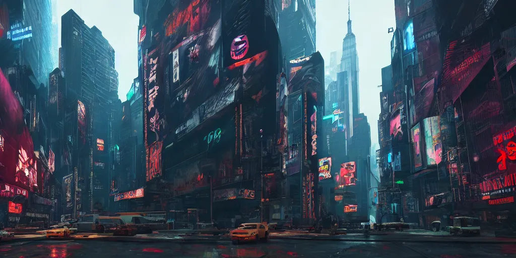 Image similar to a photo of 8k cyberpunk new york, cinematic lighting, trending on artstation, 4k, hyperrealistic, focused, extreme details, unreal engine 5, cinematic, masterpiece