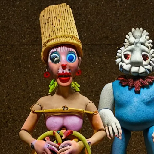 Prompt: a claymation film still of anthropomorphe toy / brazil / collection / ethnographic museum / claymation by jeff koons