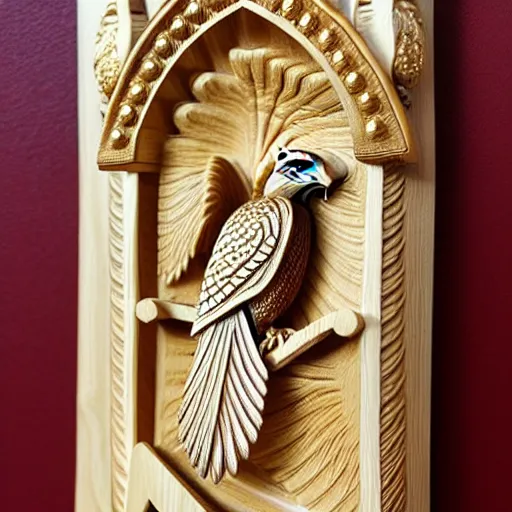 Prompt: gorgeous ornated wooden realistic detailed sacred falcon wall decoration with golden filigree carved out of ivory