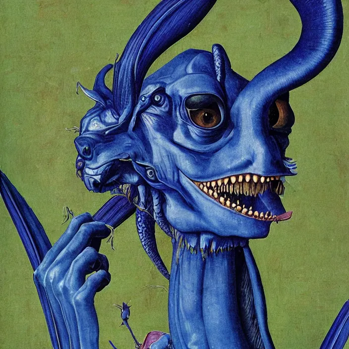 Prompt: close up portrait of a mutant monster creature with colorful exotic indigo iris eyes, crystal teeth, mantis composure. by jan van eyck, audubon