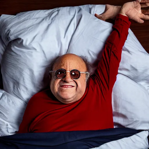 Prompt: Danny DeVito on a bed with The Predator, cinematic, studio light, 8K,