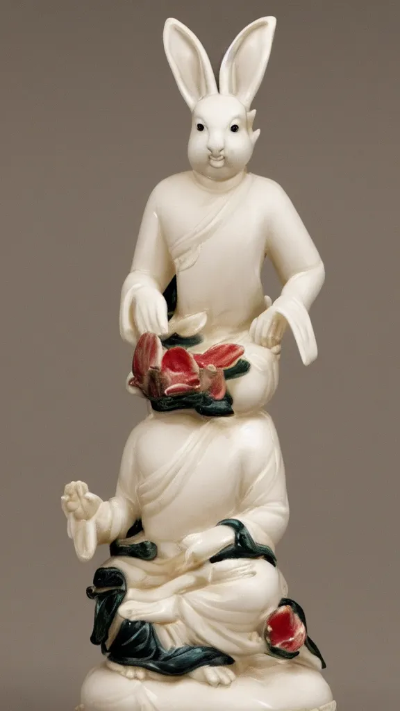 Image similar to a porcelain buddhism rabbit statue with a kiseru painted by john singer sargent