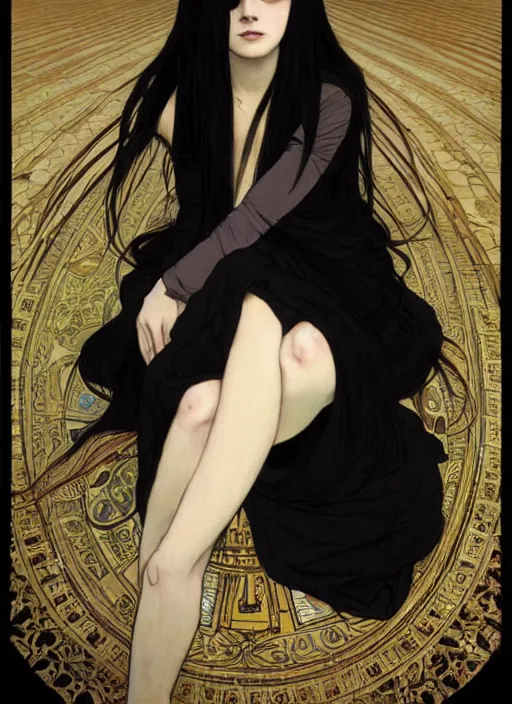 Image similar to a lonely young girl with straight long black hair wearing black dress that sitting on bathroom floor, art by artgem, greg rutkowski and alphonse mucha