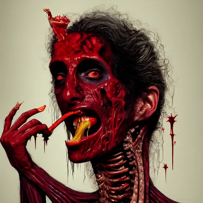 Prompt: DIAMANDA GALAS eating SATAN to death, brain, ribs, flesh, puke, rotten, screaming, diffuse lighting, fantasy, intricate, elegant, highly detailed, lifelike, photorealistic, digital painting, artstation, illustration, concept art, smooth, sharp focus, art by francis bacon