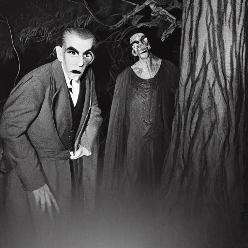 Prompt: photo of boris karloff as frankestein and bela lugosi as dracula in a forest at night, telephoto long distance shot, black and white, low light, vignette, fujifilm, creepy, dark, atmospheric, 3 5 mm, surveillance footage, fisheye