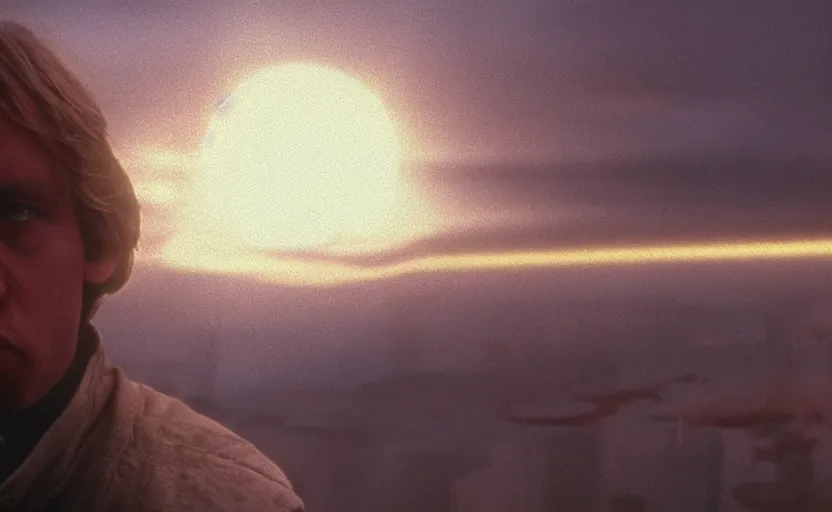 Prompt: iconic cinematic still portrait shot of luke skywalker downtrodden standing with a view of coruscant at sunset, from the thrilling scene from the 1 9 9 0 s sci fi film directed by stanley kubrick, moody cinematography, foggy volumetric lighting, hyper detailed scene, anamorphic lenses 2 4 mm, lens flare, award winning