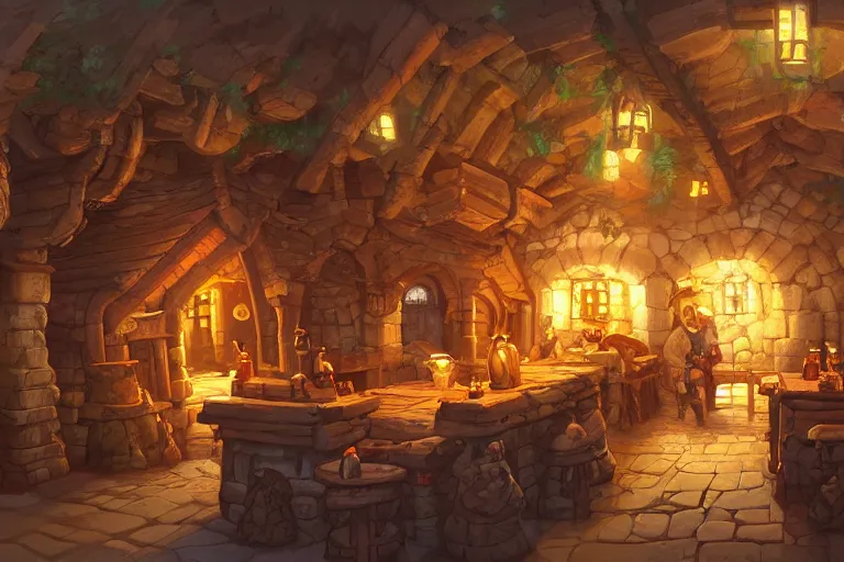 Prompt: a digital painting of an isometric medieval tavern environment by justin gerard, paul bonner, highly detailed, volumetric lighting, digital art, isometric, artstation hd