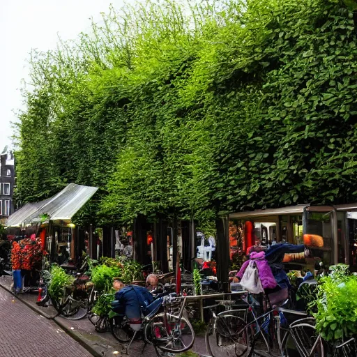 Prompt: amsterdam overgrown by vegetation vines, night market thrives
