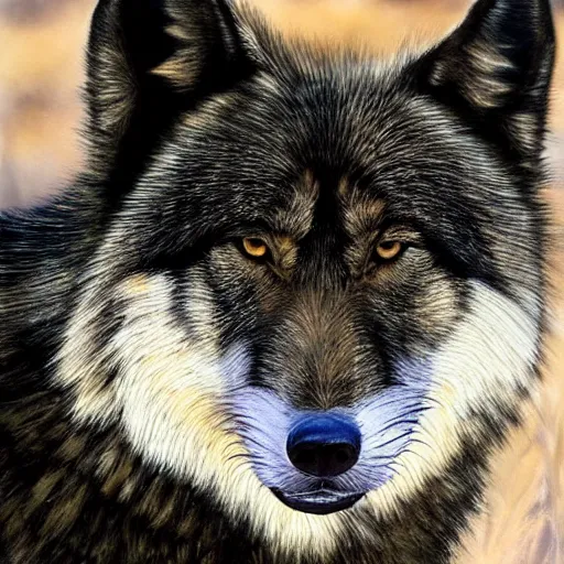 Image similar to black wolf in an australian desert, gold colored eyes, painting