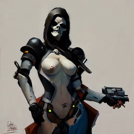 Image similar to greg manchess portrait painting of partially armored lady death as overwatch character, medium shot, asymmetrical, profile picture, organic painting, sunny day, matte painting, bold shapes, hard edges, street art, trending on artstation, by huang guangjian and gil elvgren and sachin teng