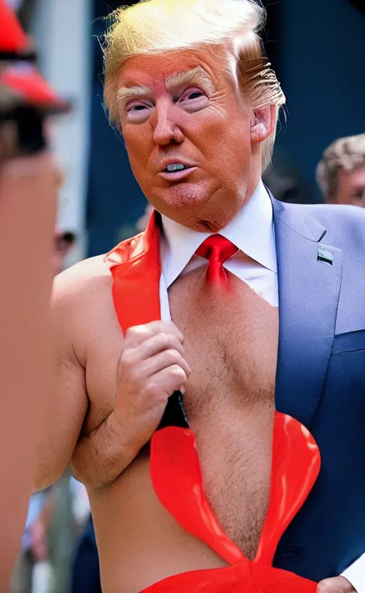 Prompt: high quality photo of donald trump in a borat mankini. hq. hd. award winning