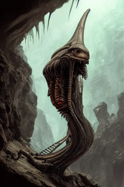 Image similar to alien xenomorph on a cave, close - up portrait, intricate, elegant, volumetric lighting, scenery, digital painting, highly detailed, artstation, sharp focus, illustration, concept art, luis rollo, ruan jia, steve mccurry, john berkey