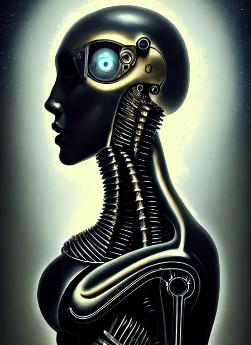 Image similar to a young beautiful female cyborg profile face, by h. r. giger, by ismail inceoglu, by kiki smith, glamor shot, vintage, closeup, f / 2. 8, low contrast, 1 6 k, rim lighting, cinematic lighting, insanely detailed and intricate, hypermaximalist, elegant, ornate, hyper realistic, super detailed