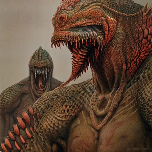 Image similar to lizardman warrior concept, tribal, beksinski