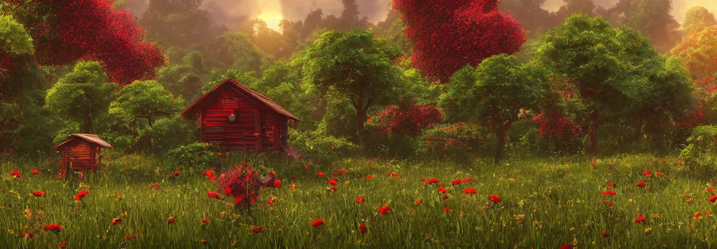 Prompt: crimson - black beehive, large bee hive, in a beautiful forest meadow village landscape, flowers, happy trees, photorealistic, octane render, rtx, hdr, unreal engine, digital art widescreen 8 k, studio ghibli, bob ross, pixar, bee movie, disney