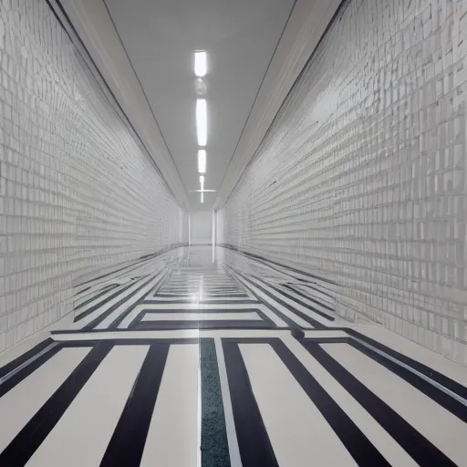 Image similar to photo of a vast interior space of randomly connected corridors, stairs and rooms. ceramic white tiles on all the walls.