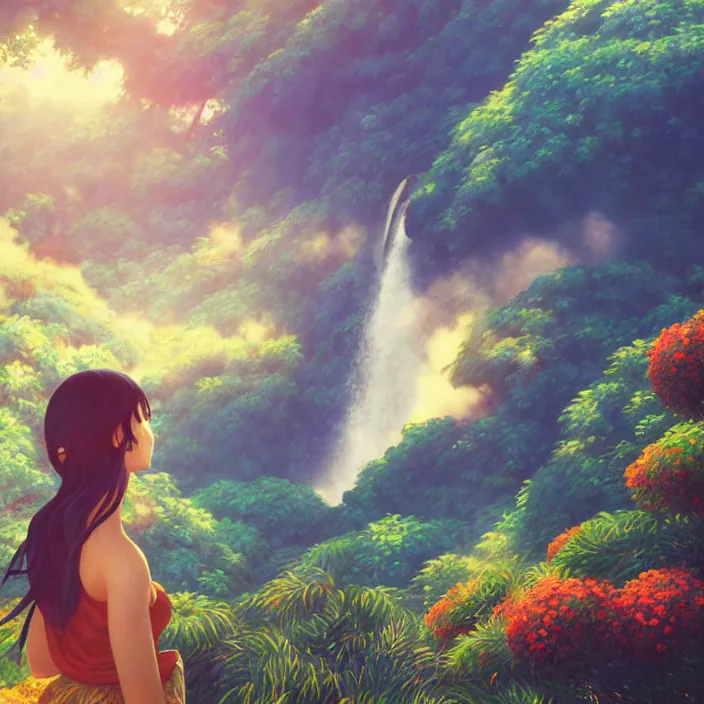 Prompt: an epic makoto shinkai and renoir landscape with a hawaiian waterfall, golden hour, 🌺, a beautiful woman with long brown hair, ultra smooth, octane render, lois van baarle, ilya kuvshinov