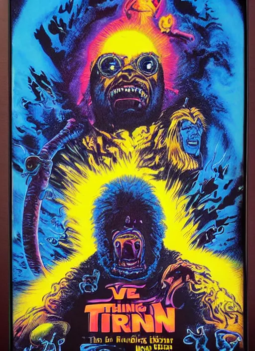 Prompt: The Thing (1982), Psychedelic velvet black light poster, highly detailed