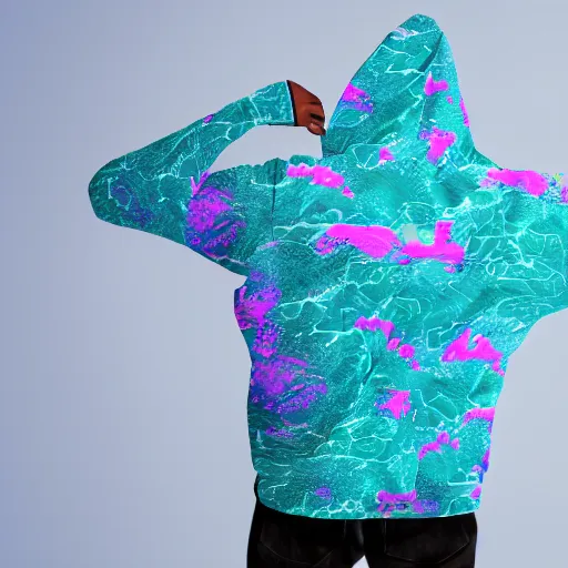Image similar to product mockup photography of an all over print hoodie in Vaporwave style, 4K high resolution studio photo