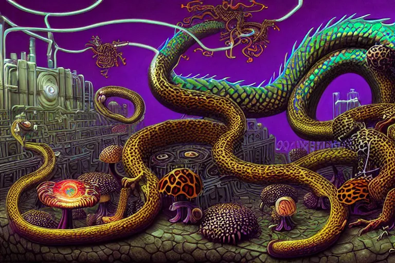 Image similar to a detailed digital art painting of a cyberpunk magick oni dragon with occult futuristic effigy of a beautiful field of mushrooms that is a adorable leopard atomic latent snakes in between ferret biomorphic molecular hallucinations in the style of escher, alex grey, stephen gammell inspired by realism, symbolism, magical realism and dark fantasy, crisp,