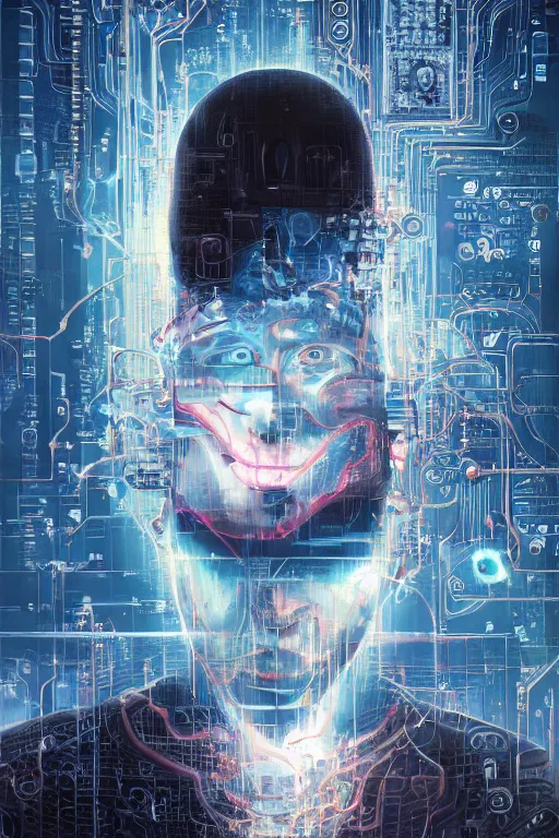 Image similar to portrait of computer & circuits, melting, nasa, 8 k, by tristan eaton, stanley artgermm, tom bagshaw, greg rutkowski, carne griffiths, ayami kojima, beksinski, giger, trending on deviantart, face enhance, hyper detailed, minimalist, cybernetic, android, blade runner, full of colour, super detailed