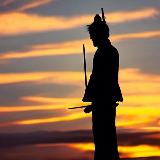 Prompt: a samouraï facing the sunset on a rooftop