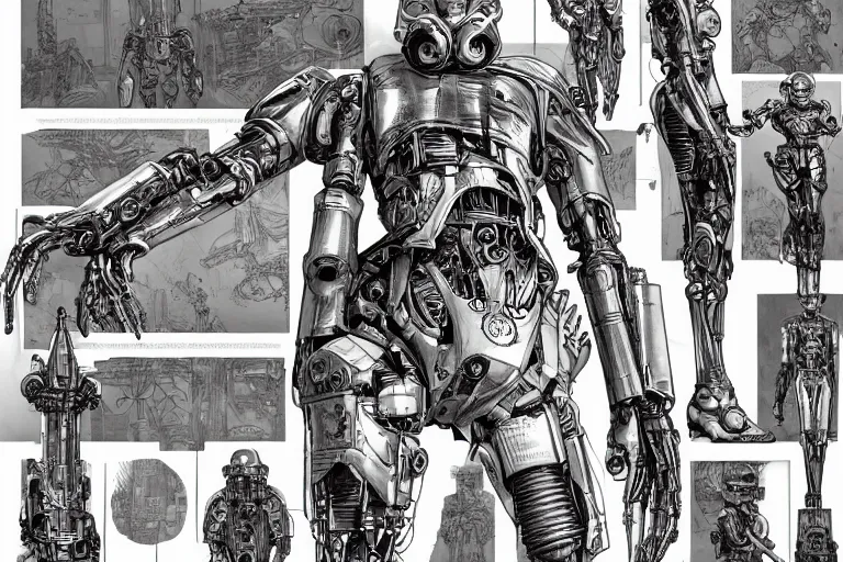 Prompt: comic book illustration, character sheet, a cyborg pilot in the cockpit of a battle droid, intricate machinery, biomechanics, the ghosts in the machine, cyberpunk concept art by artgerm and Guy Denning and Moebius and Alphonse Mucha, highly detailed, intricate, sci-fi, sharp focus, Trending on Artstation HQ, deviantart
