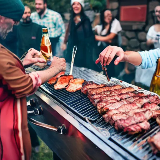 Image similar to a babushka grilling meat on a barbeque, people are dancing and having fun with beers in their hands