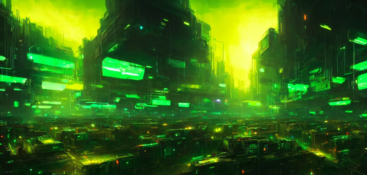 Prompt: a wall of monitors glowing green, retropunk background, cinematic view, detailed, concept art, high detail, warm lighting, volumetric, godrays, vivid, beautiful, trending on artstation, by jordan grimmer, huge scene, grass, art greg rutkowski