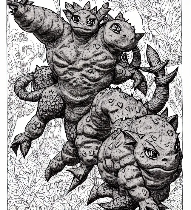 Image similar to ivysaur as a d & d monster, full body, pen - and - ink illustration, etching, by russ nicholson, david a trampier, larry elmore, 1 9 8 1, hq scan, intricate details, stylized border