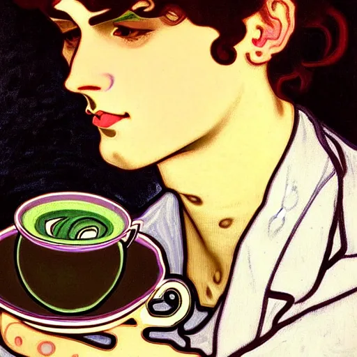 Prompt: painting of young handsome beautiful dark medium wavy hair man in his 2 0 s named shadow taehyung at the cucumber and cranberry soup party with tiny teacup, elegant, clear, painting, stylized, delicate, soft facial features, soft, gorgeous, art, art by alphonse mucha, vincent van gogh, egon schiele