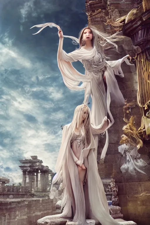 Prompt: a beautiful sorceress floating on air with elegant looks, flowing robe, ornate and flowing, intricate and soft by miho hirano, ruan jia, yoshitaka amano, wlop, beautiful roman architectural ruins in the background, epic sky, vray render, artstation, deviantart, pinterest, 5 0 0 px models