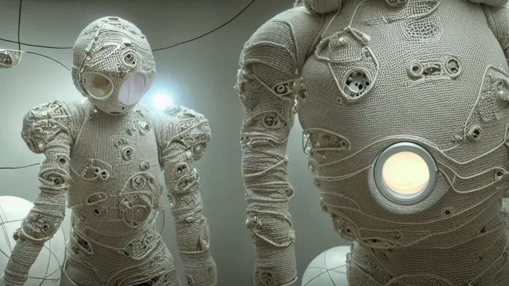 Image similar to a cybernetic symbiosis of a single astronaut eva suit made of wearing knitted yarn thread infected with diamond 3d fractal lace iridescent bubble 3d skin covered with insectoid compound eye camera lenses floats through the living room, film still from the movie directed by Denis Villeneuve with art direction by Salvador Dalí, wide lens,