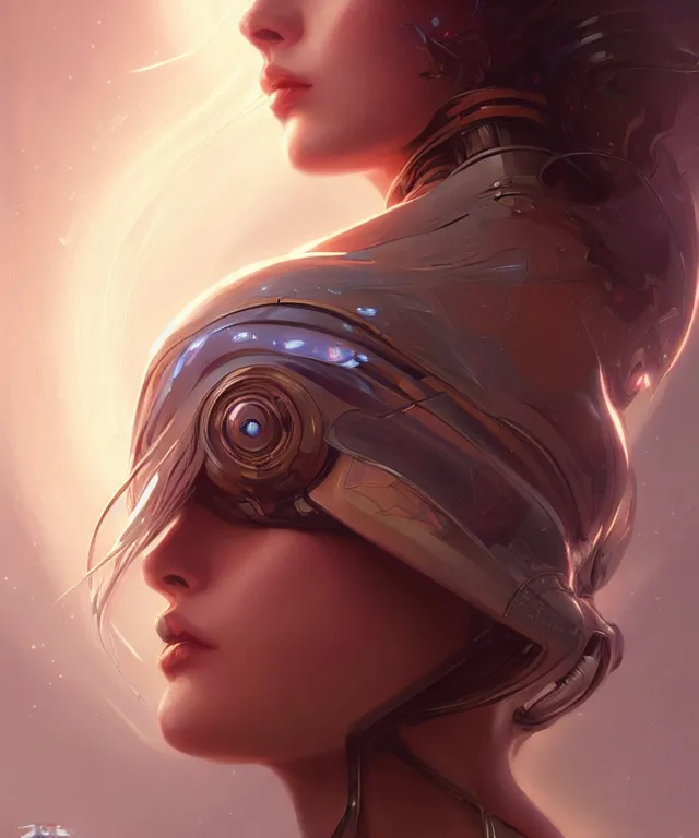 Image similar to futuristic woman portrait, sci-fi, amber eyes, face, long hair, fantasy, intricate, elegant, highly detailed, digital painting, artstation, concept art, smooth, sharp focus, illustration, art by artgerm and greg rutkowski and alphonse mucha