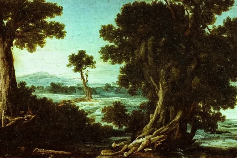 Image similar to oil painting of a old tree next to a raging river by claude lorrain