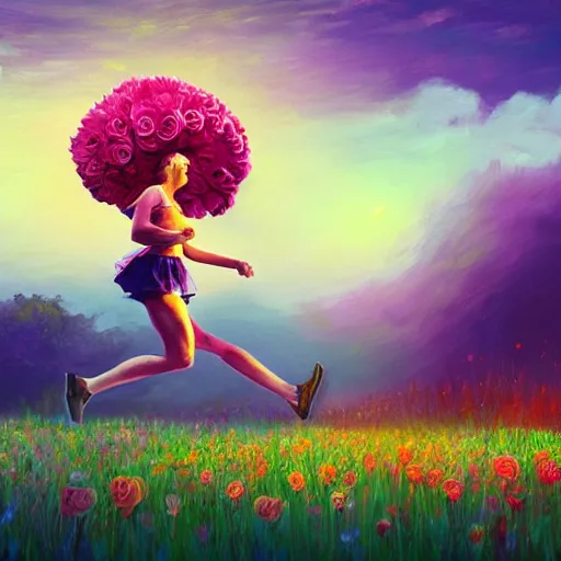 Image similar to giant rose flower head, full body girl running through a flower field, surreal photography, sunrise, dramatic light, impressionist painting, colorful clouds, digital painting, artstation, simon stalenhag